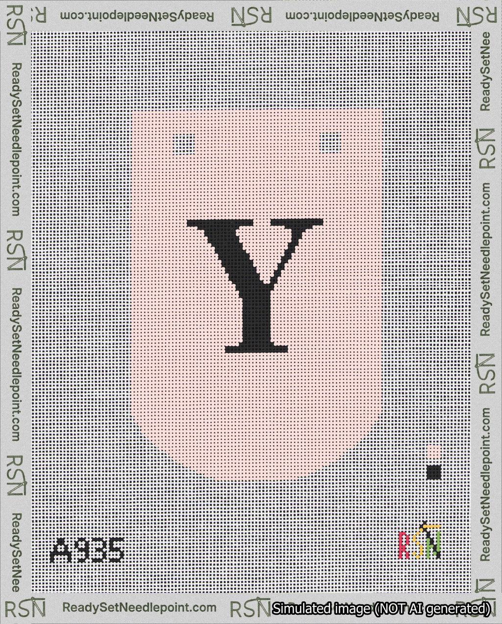 A taped needlepoint canvas with the design: Banner 18 mesh count Curved Y Black on Pink.