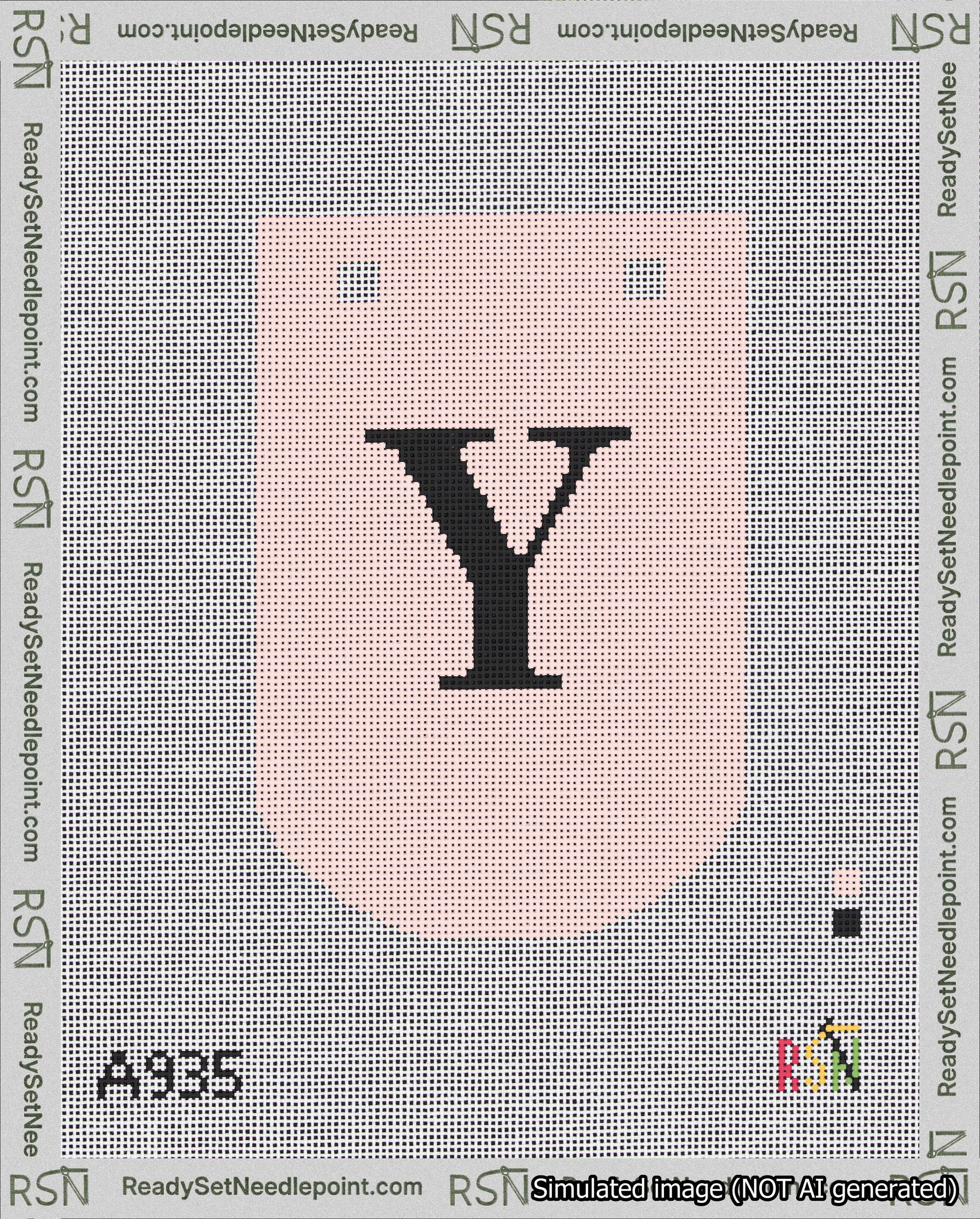 A taped needlepoint canvas with the design: Banner 18 mesh count Curved Y Black on Pink.