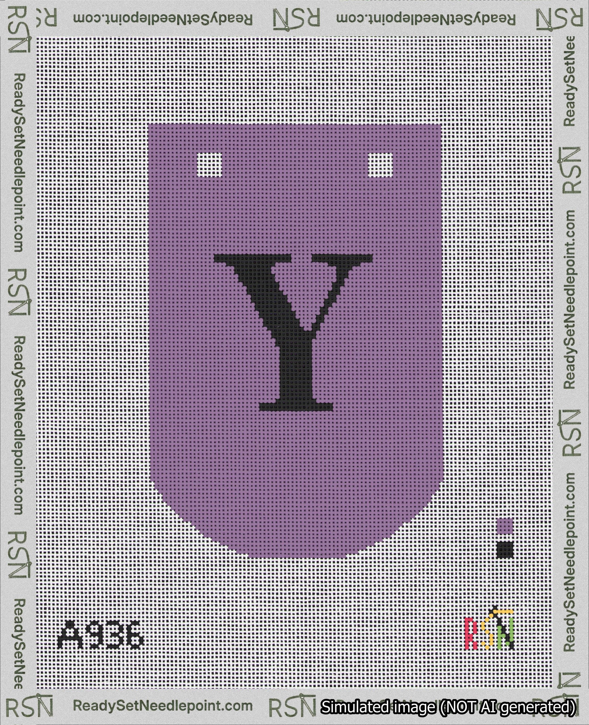 A taped needlepoint canvas with the design: Banner 18 mesh count Curved Y Black on Purple.
