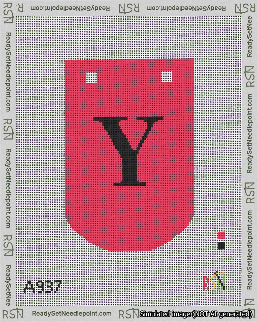 A taped needlepoint canvas with the design: Banner 18 mesh count Curved Y Black on Red.