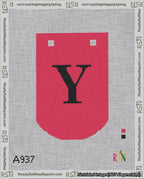 A taped needlepoint canvas with the design: Banner 18 mesh count Curved Y Black on Red.