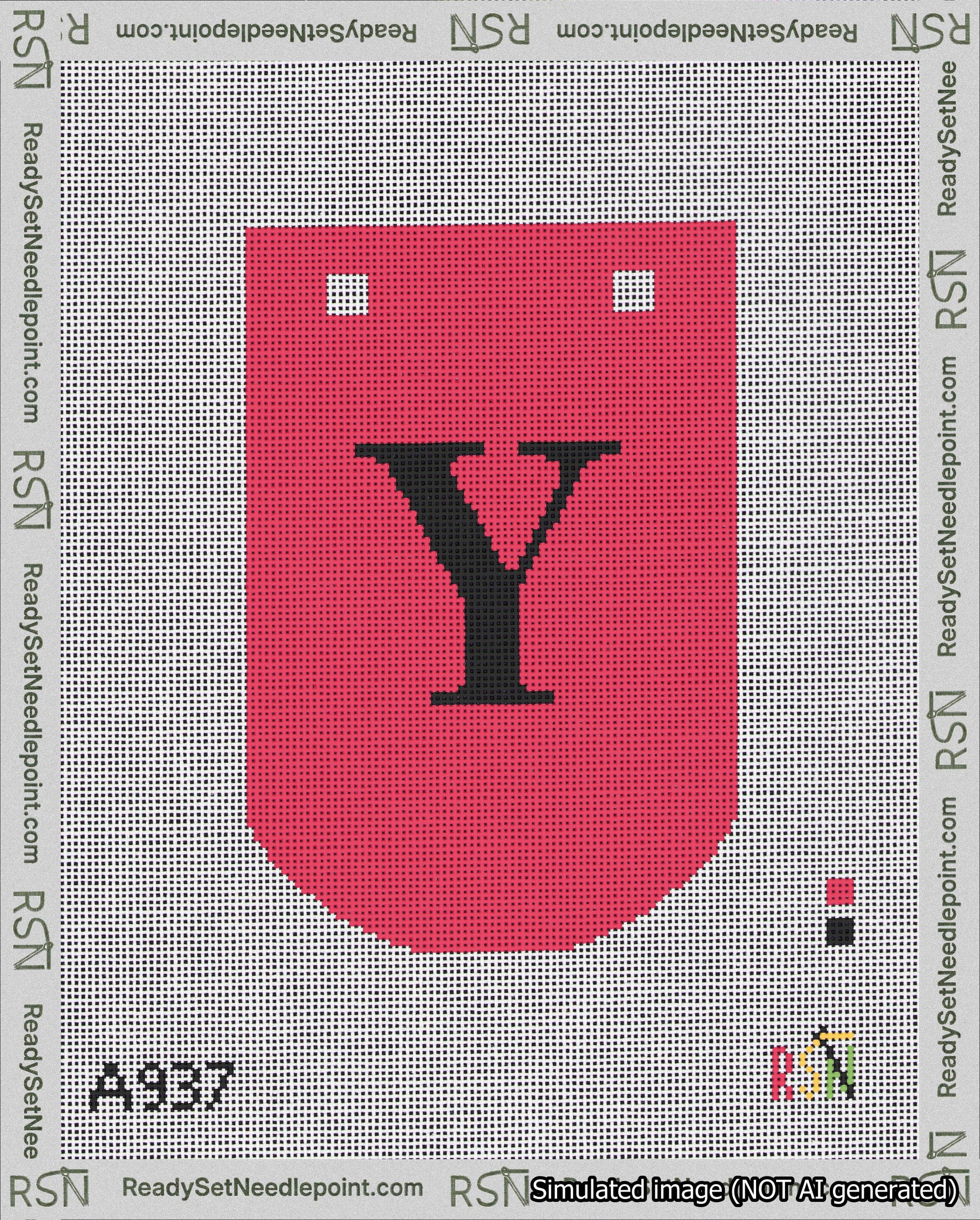 A taped needlepoint canvas with the design: Banner 18 mesh count Curved Y Black on Red.