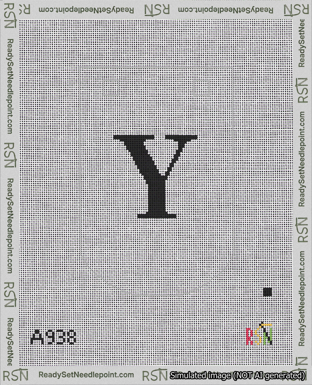 A taped needlepoint canvas with the design: Banner 18 mesh count Curved Y Black on White.