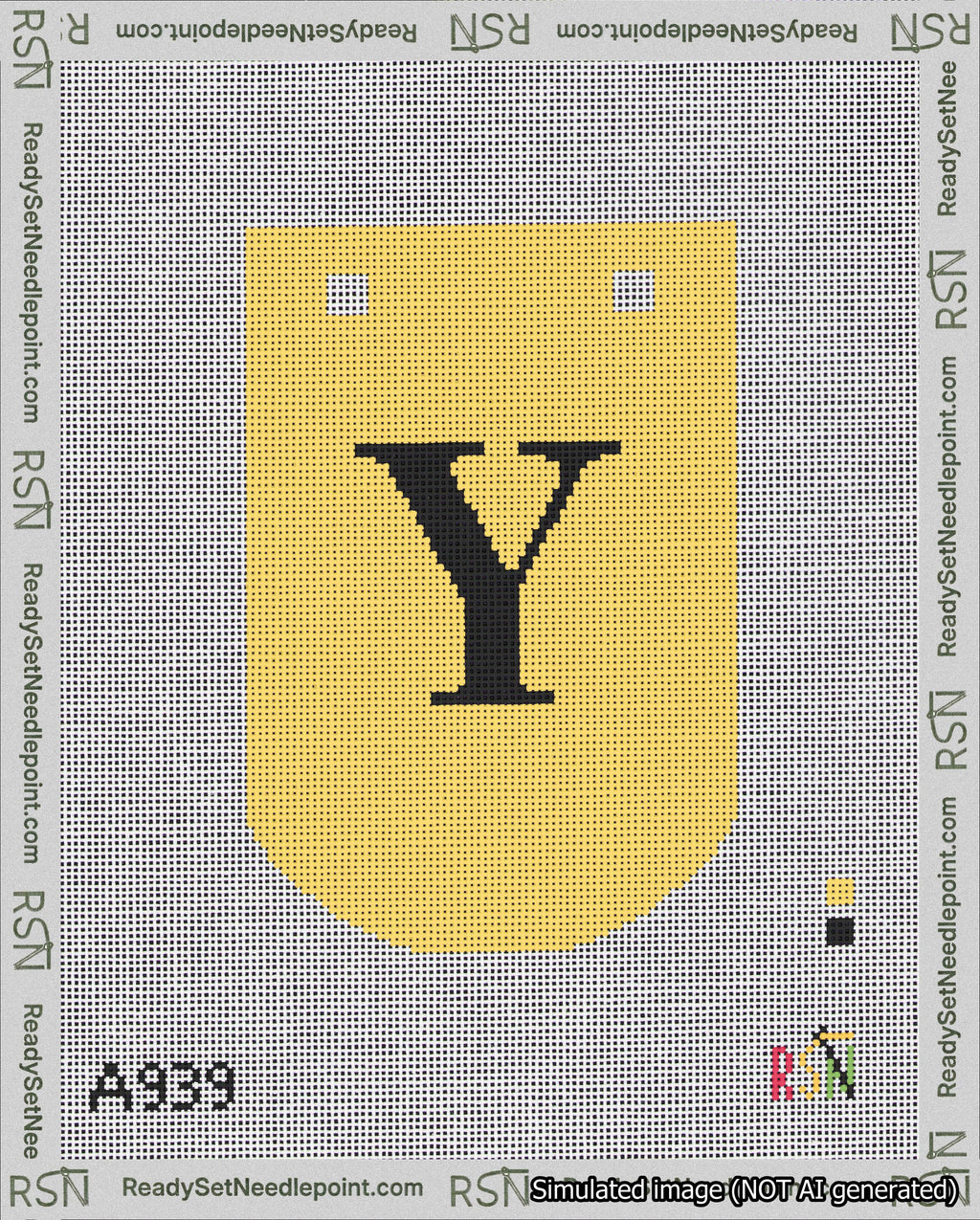 A taped needlepoint canvas with the design: Banner 18 mesh count Curved Y Black on Yellow.