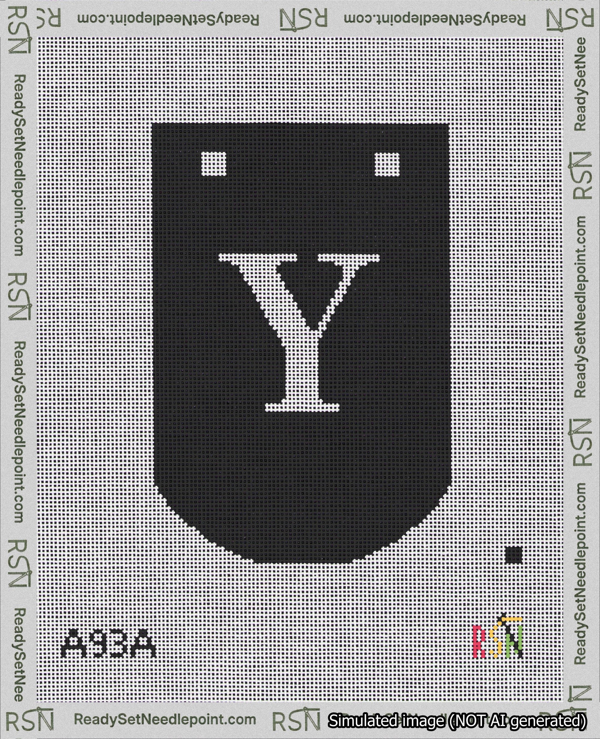 A taped needlepoint canvas with the design: Banner 18 mesh count Curved Y White on Black.