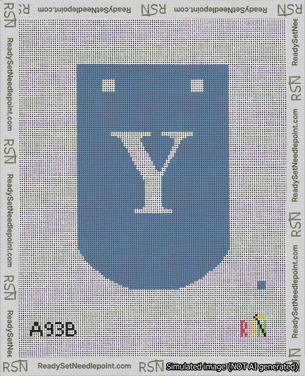 A taped needlepoint canvas with the design: Banner 18 mesh count Curved Y White on Blue.