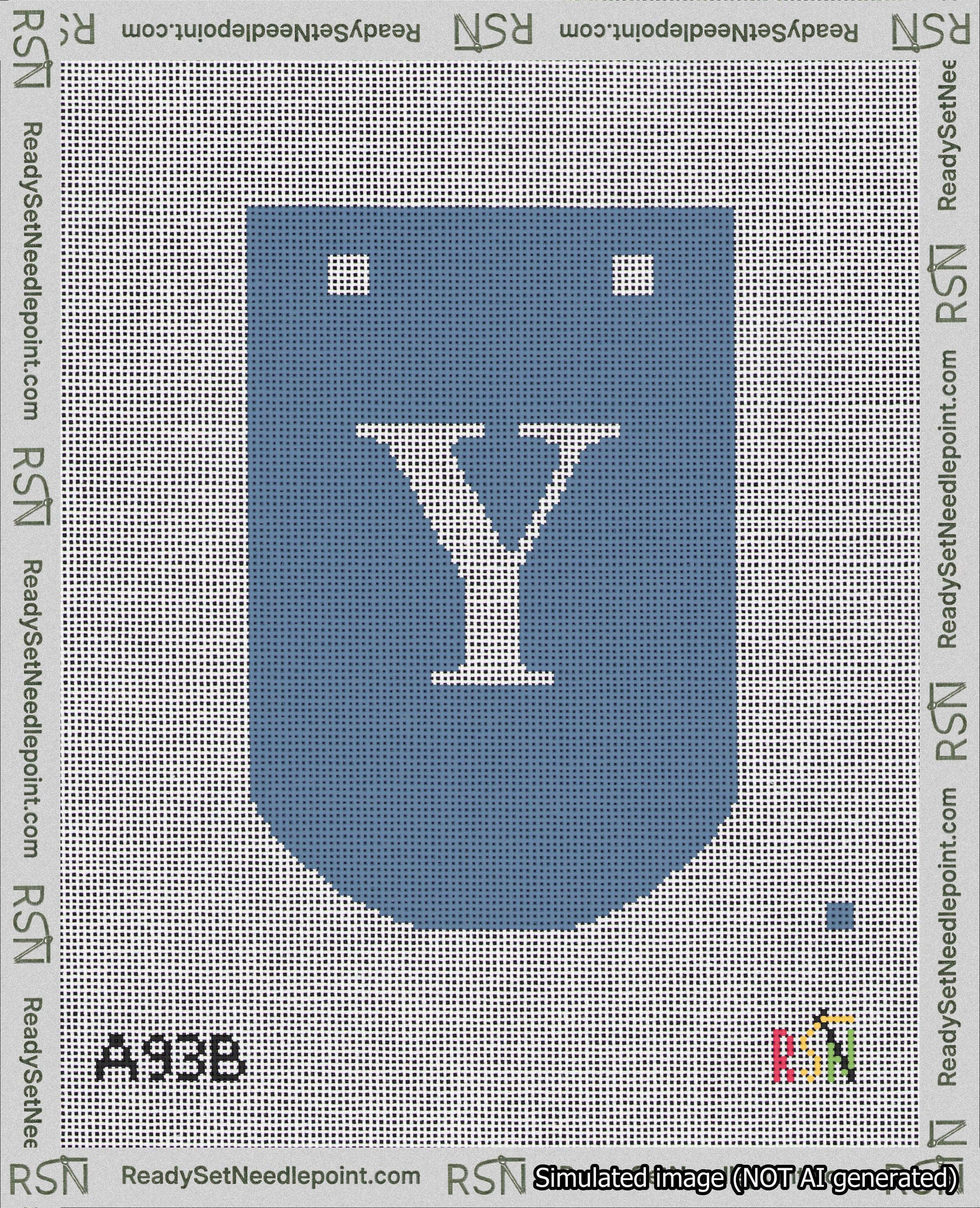 A taped needlepoint canvas with the design: Banner 18 mesh count Curved Y White on Blue.