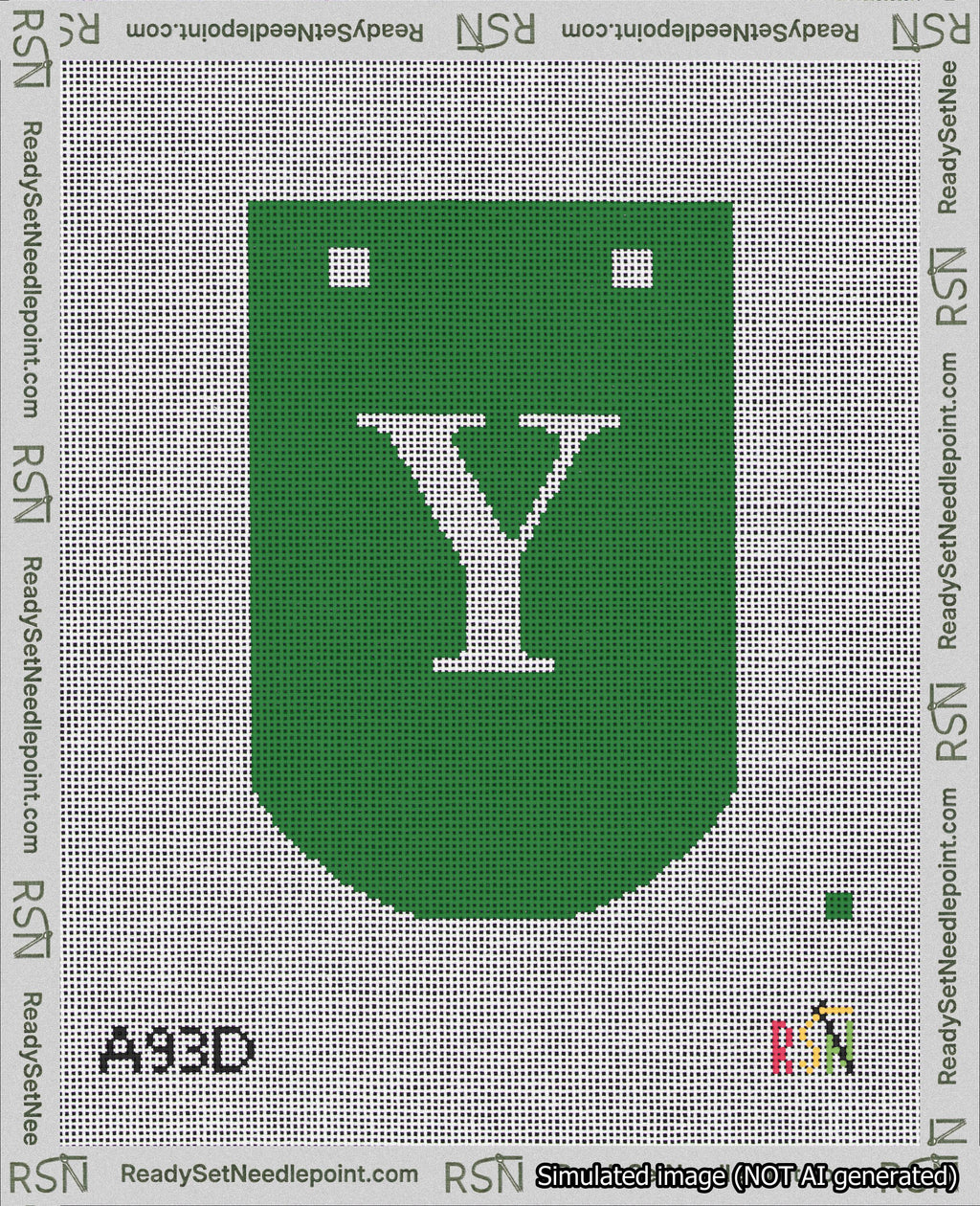 A taped needlepoint canvas with the design: Banner 18 mesh count Curved Y White on Green.