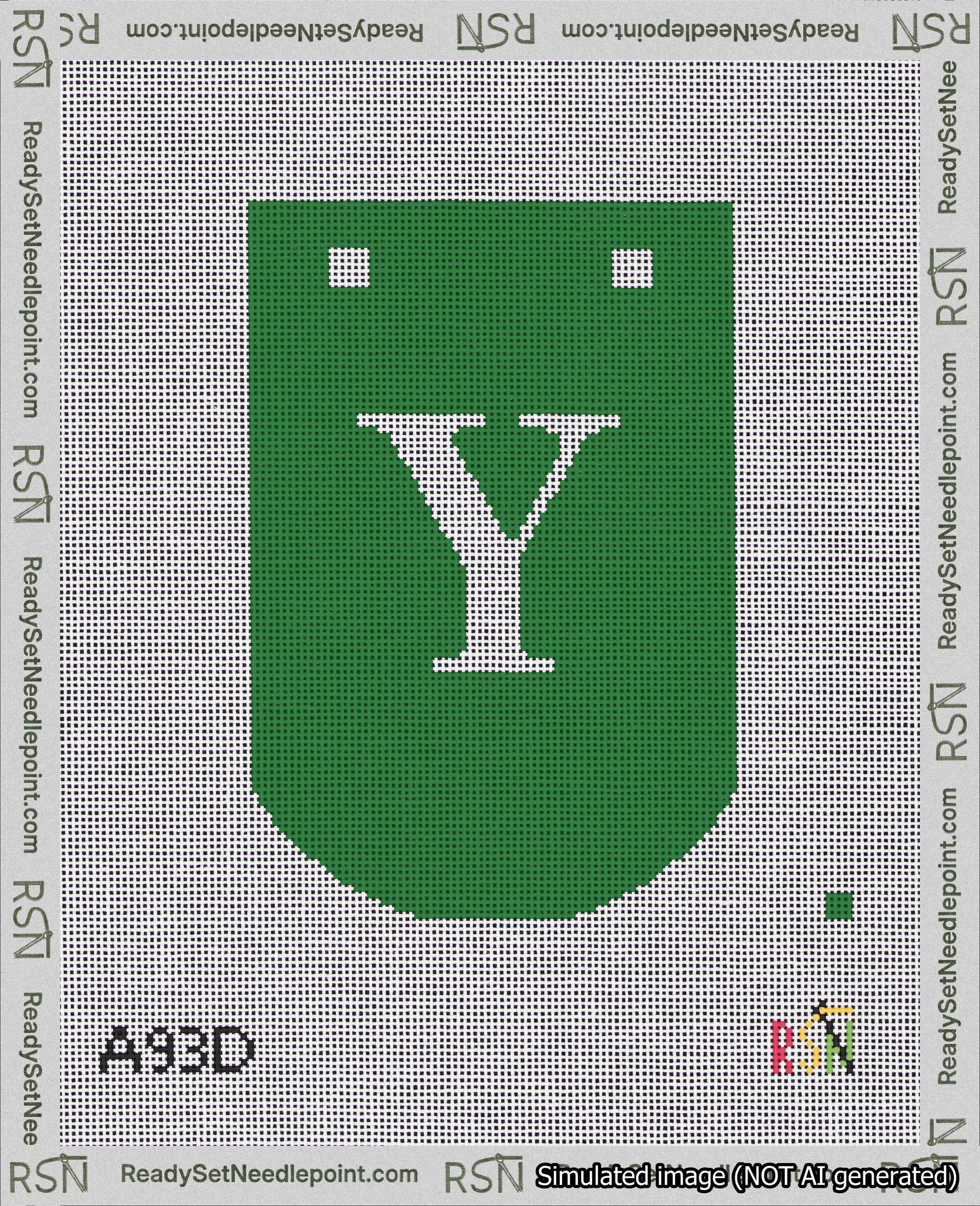 A taped needlepoint canvas with the design: Banner 18 mesh count Curved Y White on Green.