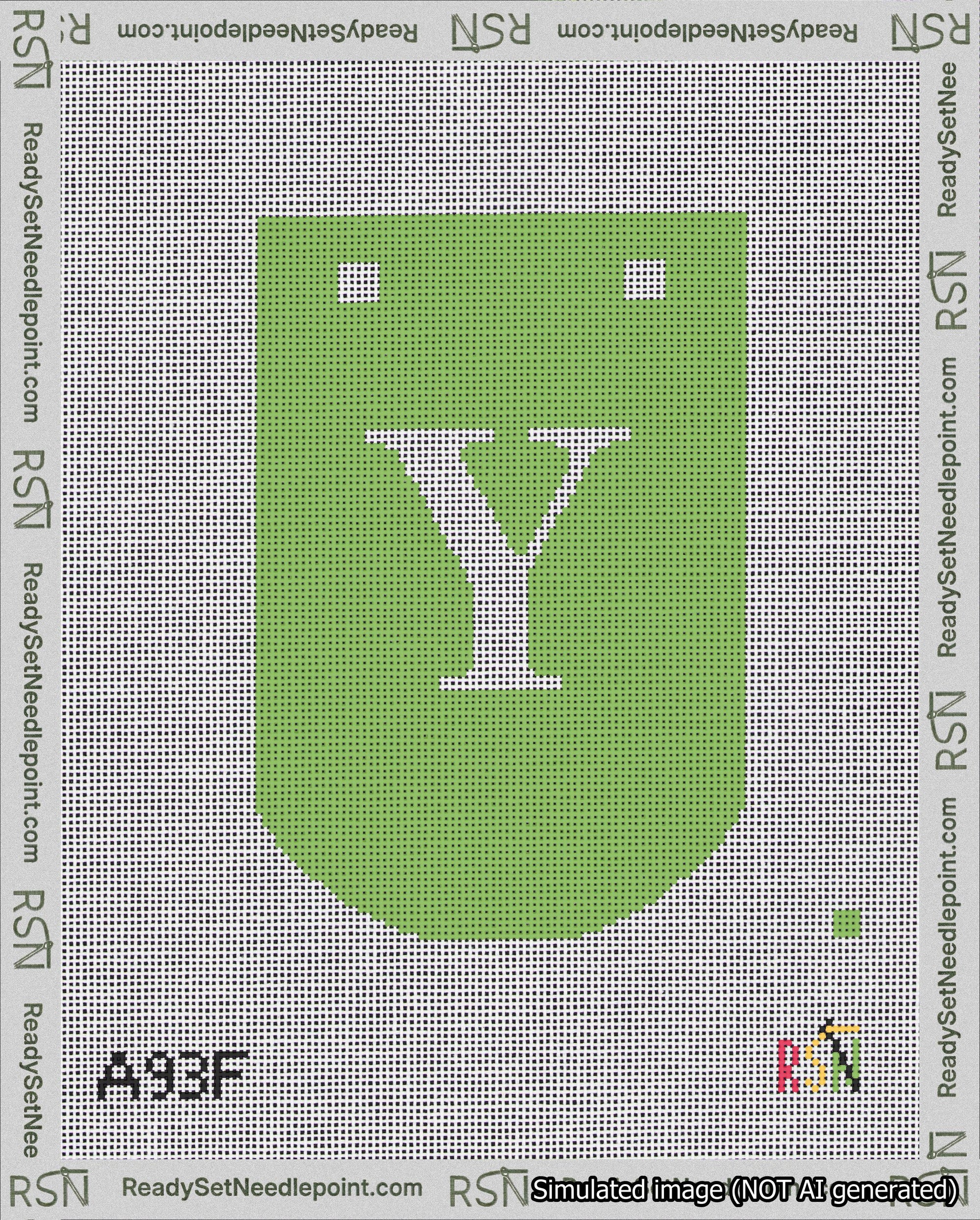 A taped needlepoint canvas with the design: Banner 18 mesh count Curved Y White on Light Green.