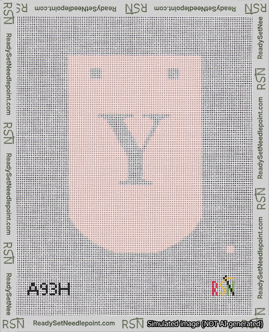 A taped needlepoint canvas with the design: Banner 18 mesh count Curved Y White on Pink.