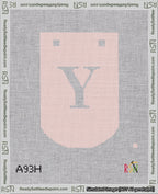 A taped needlepoint canvas with the design: Banner 18 mesh count Curved Y White on Pink.