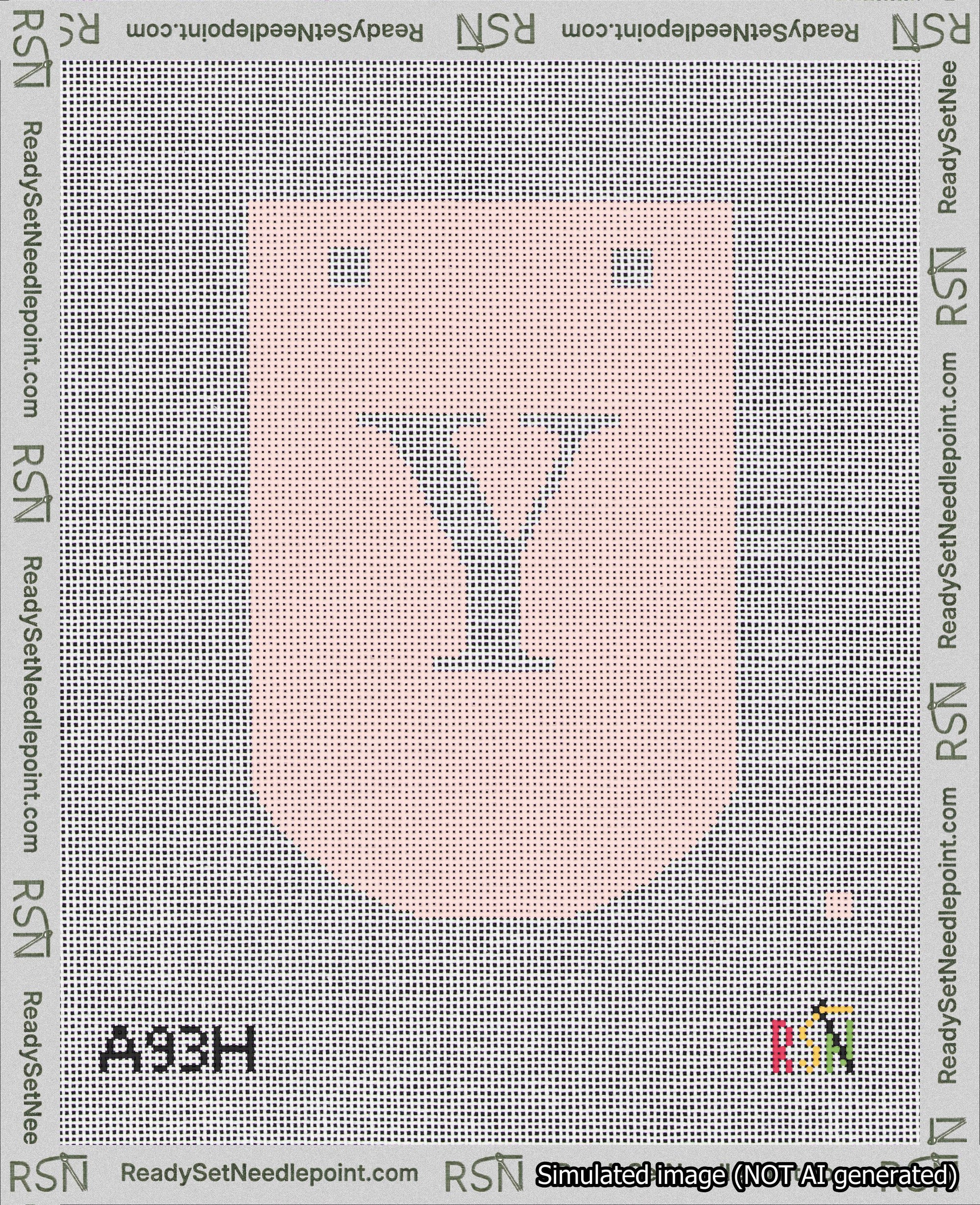 A taped needlepoint canvas with the design: Banner 18 mesh count Curved Y White on Pink.