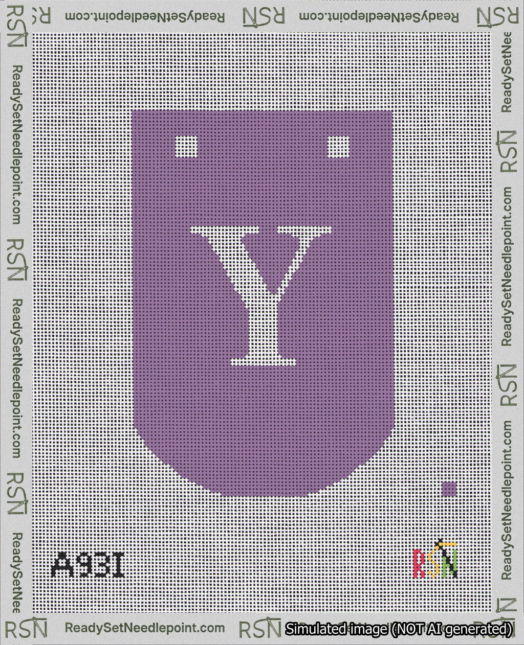 A taped needlepoint canvas with the design: Banner 18 mesh count Curved Y White on Purple.