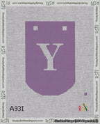 A taped needlepoint canvas with the design: Banner 18 mesh count Curved Y White on Purple.