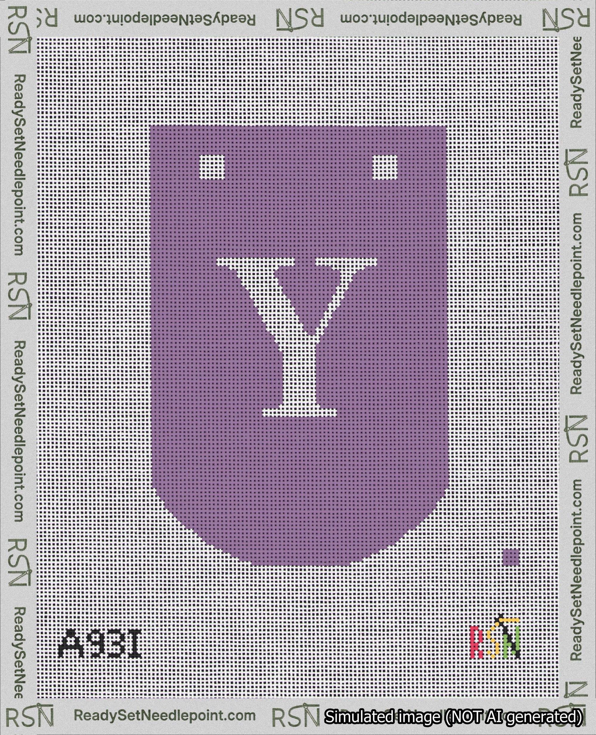 A taped needlepoint canvas with the design: Banner 18 mesh count Curved Y White on Purple.