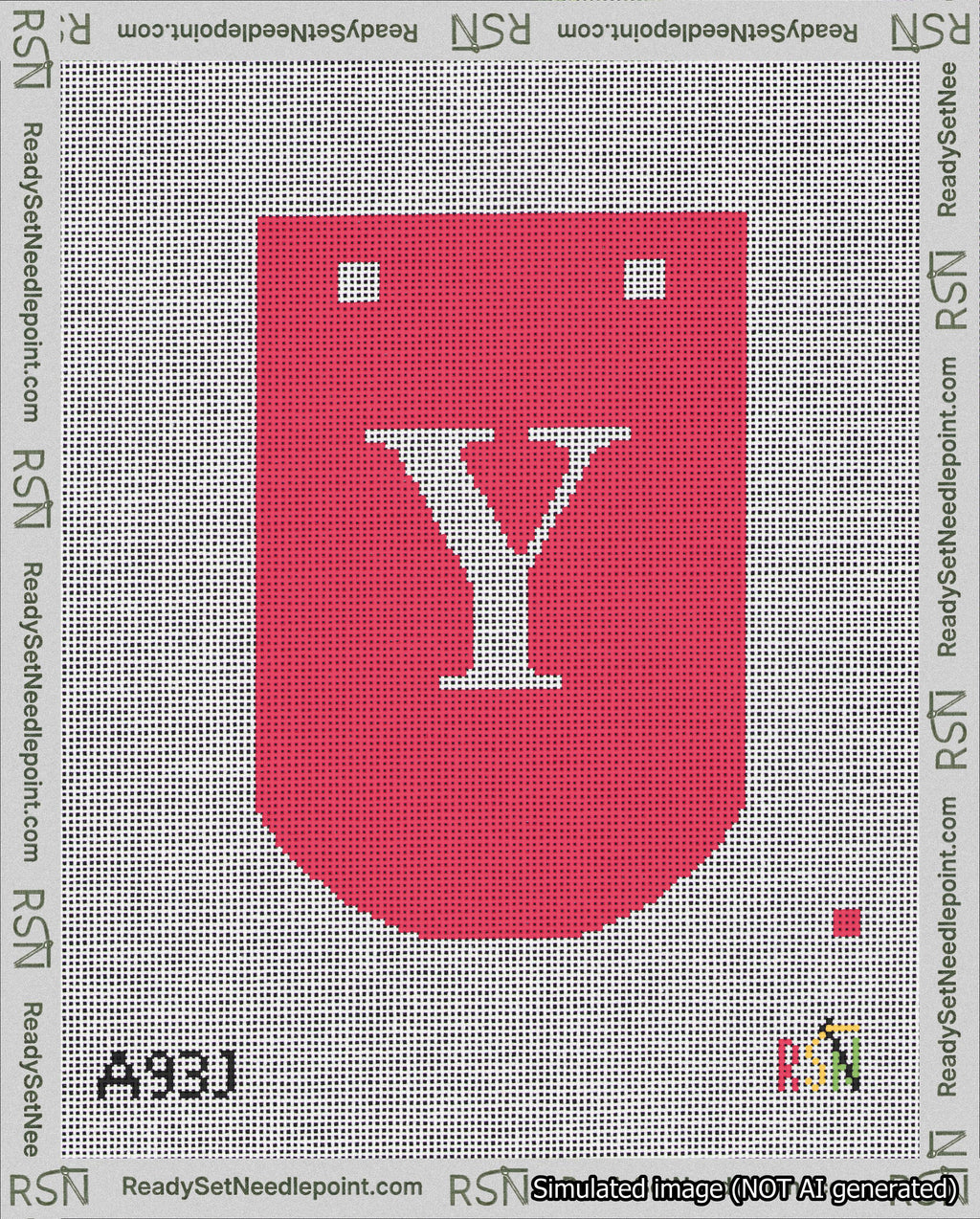 A taped needlepoint canvas with the design: Banner 18 mesh count Curved Y White on Red.