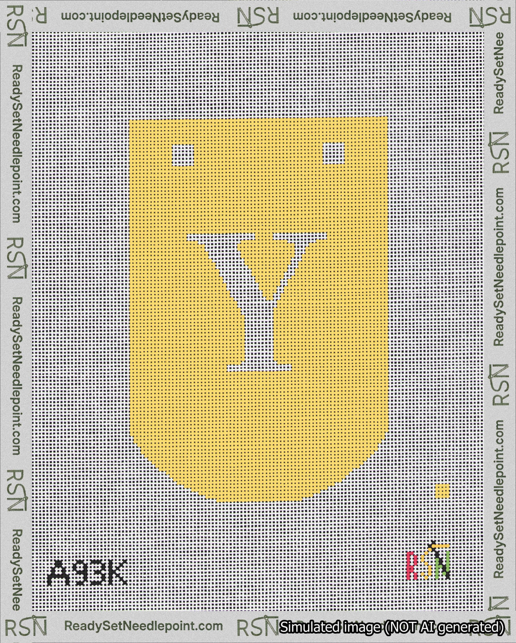 A taped needlepoint canvas with the design: Banner 18 mesh count Curved Y White on Yellow.