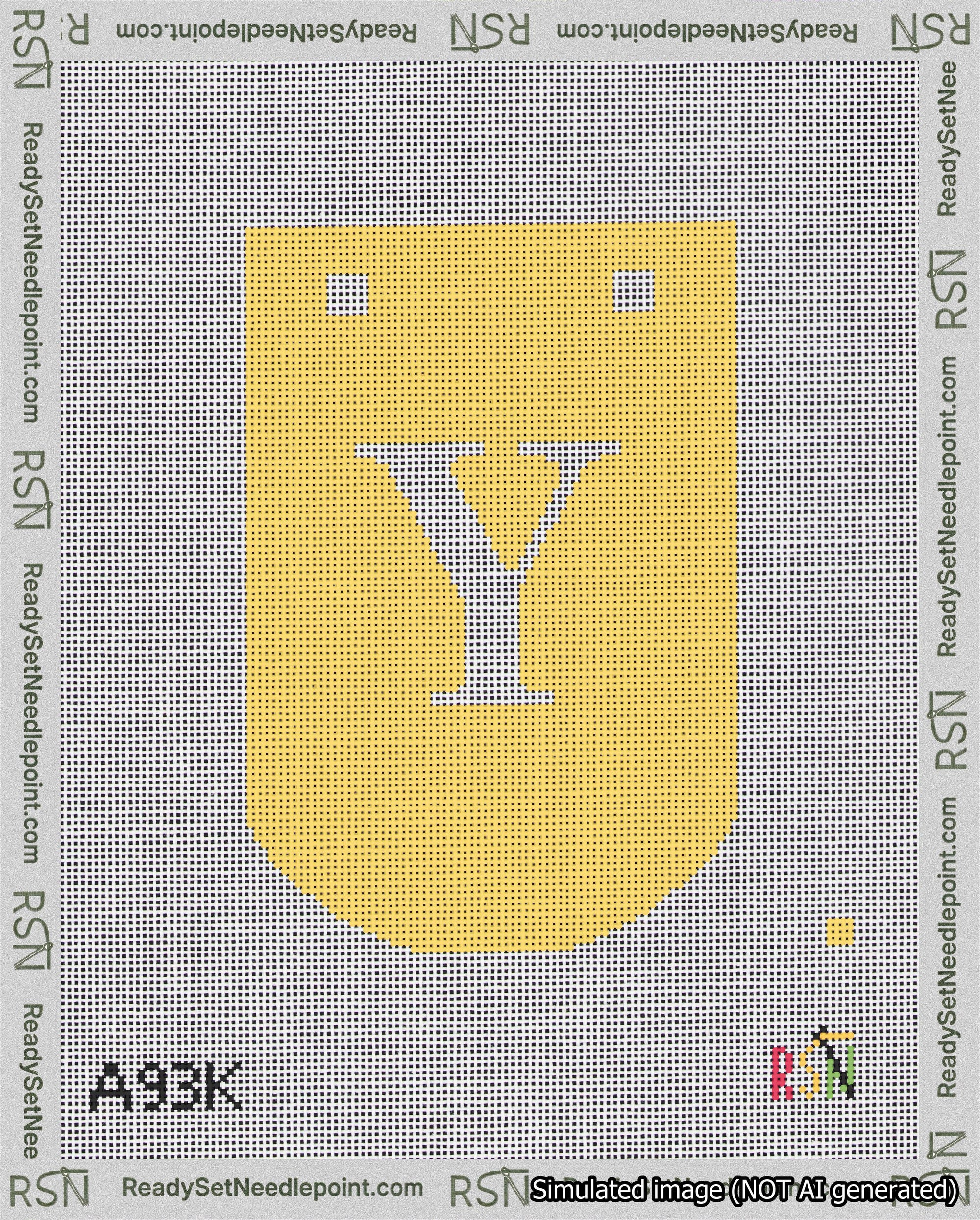 A taped needlepoint canvas with the design: Banner 18 mesh count Curved Y White on Yellow.