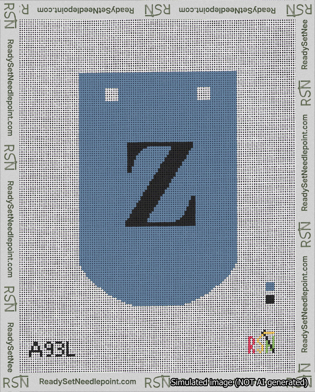 A taped needlepoint canvas with the design: Banner 18 mesh count Curved Z Black on Blue.