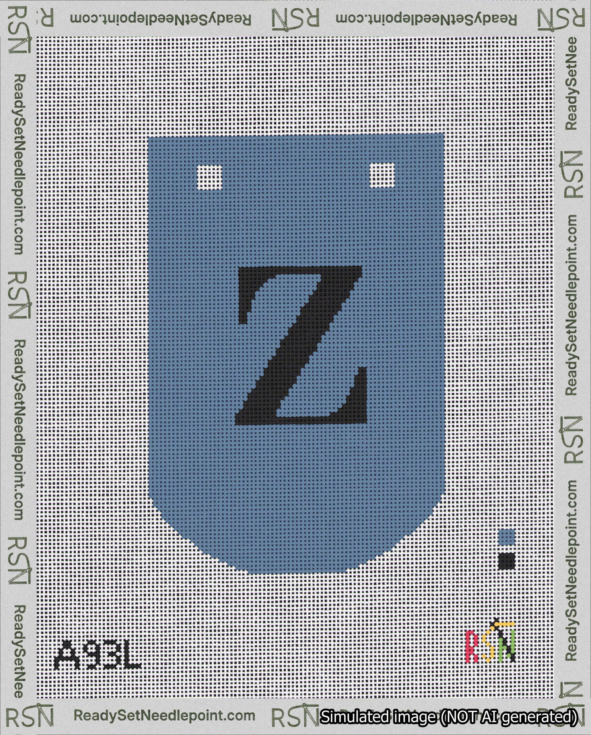 A taped needlepoint canvas with the design: Banner 18 mesh count Curved Z Black on Blue.