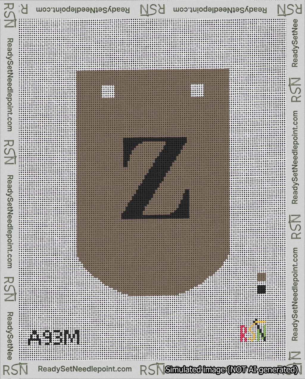 A taped needlepoint canvas with the design: Banner 18 mesh count Curved Z Black on Brown.