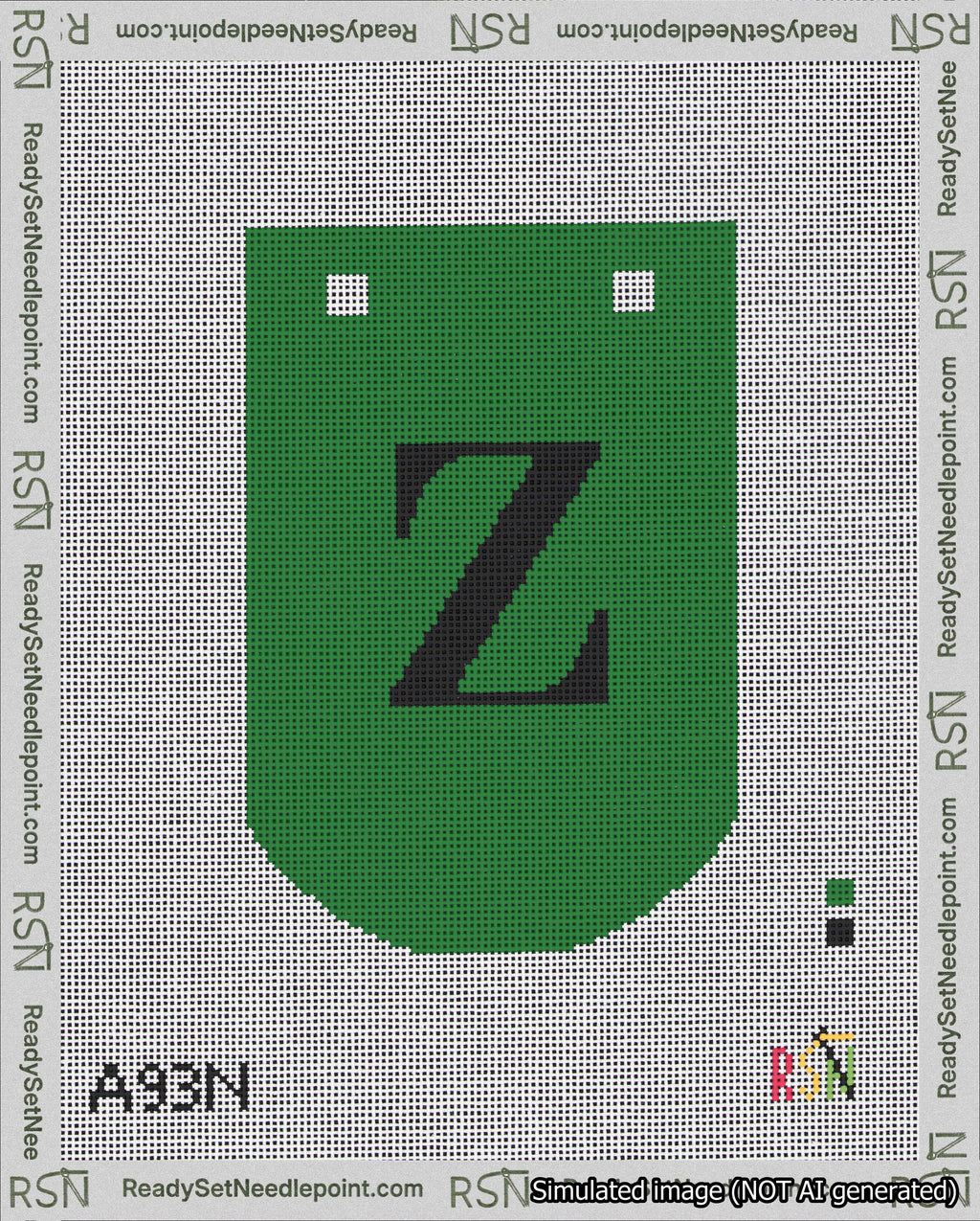 A taped needlepoint canvas with the design: Banner 18 mesh count Curved Z Black on Green.