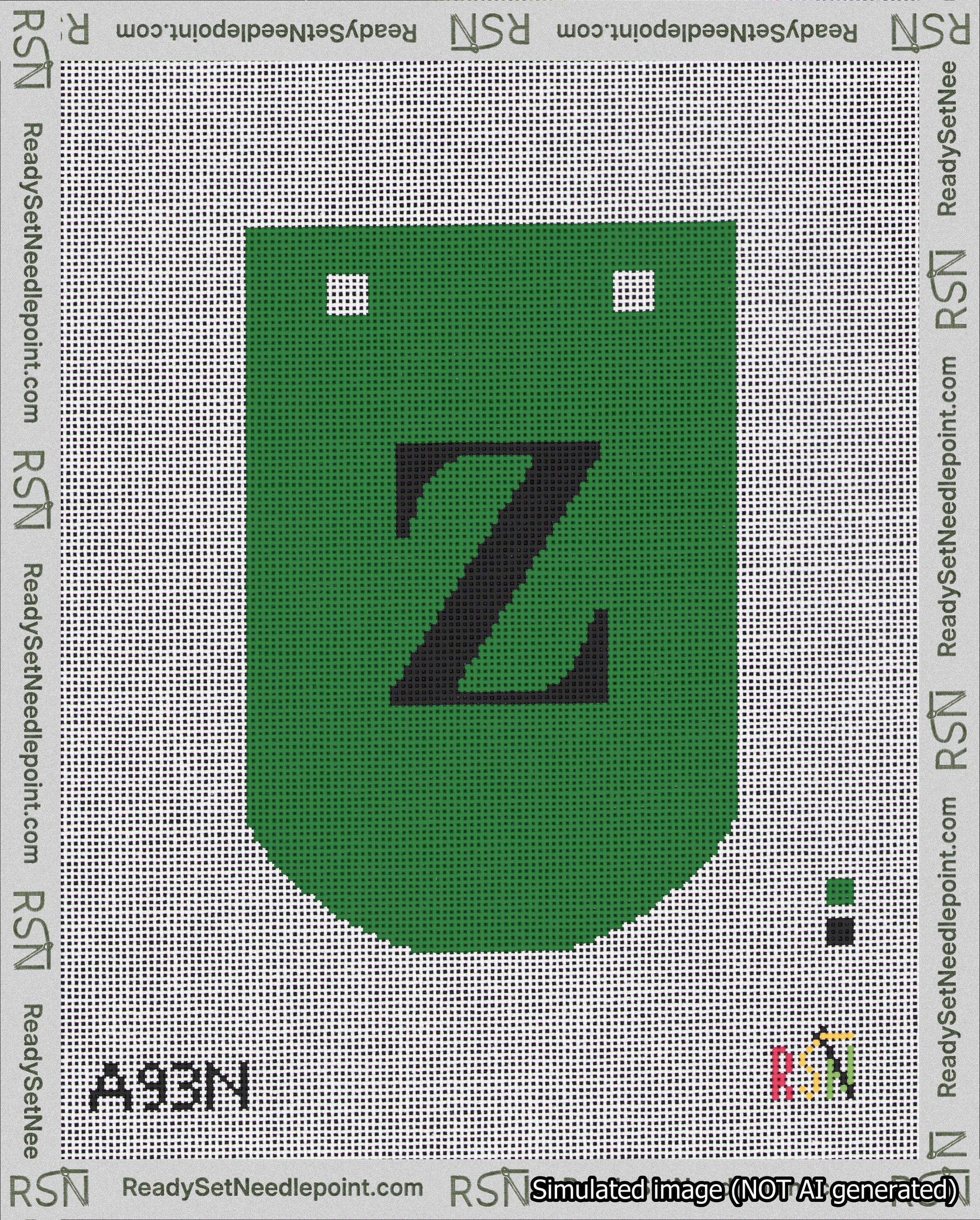 A taped needlepoint canvas with the design: Banner 18 mesh count Curved Z Black on Green.