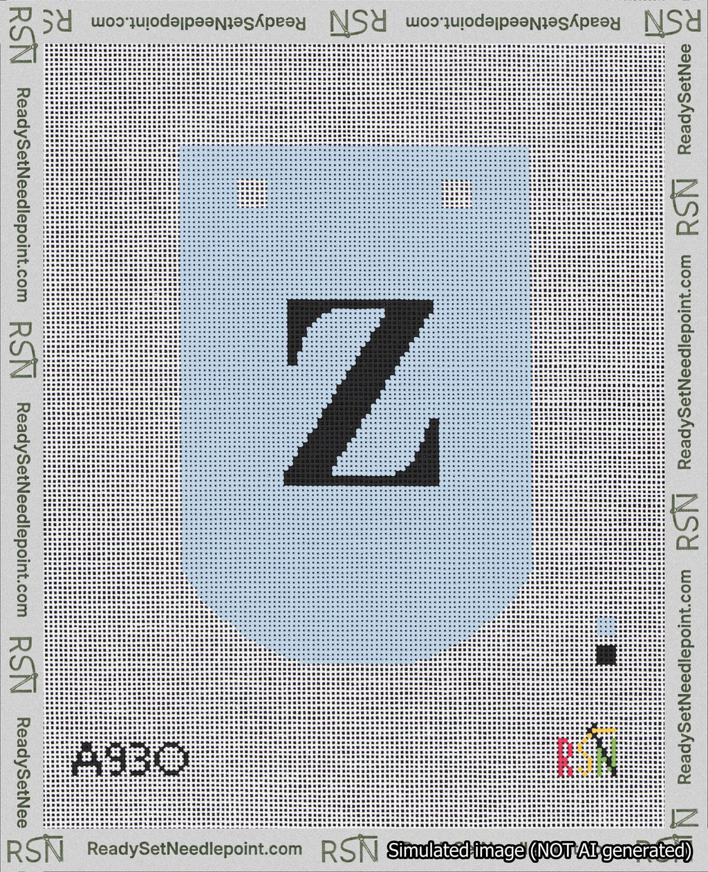 A taped needlepoint canvas with the design: Banner 18 mesh count Curved Z Black on Light Blue.