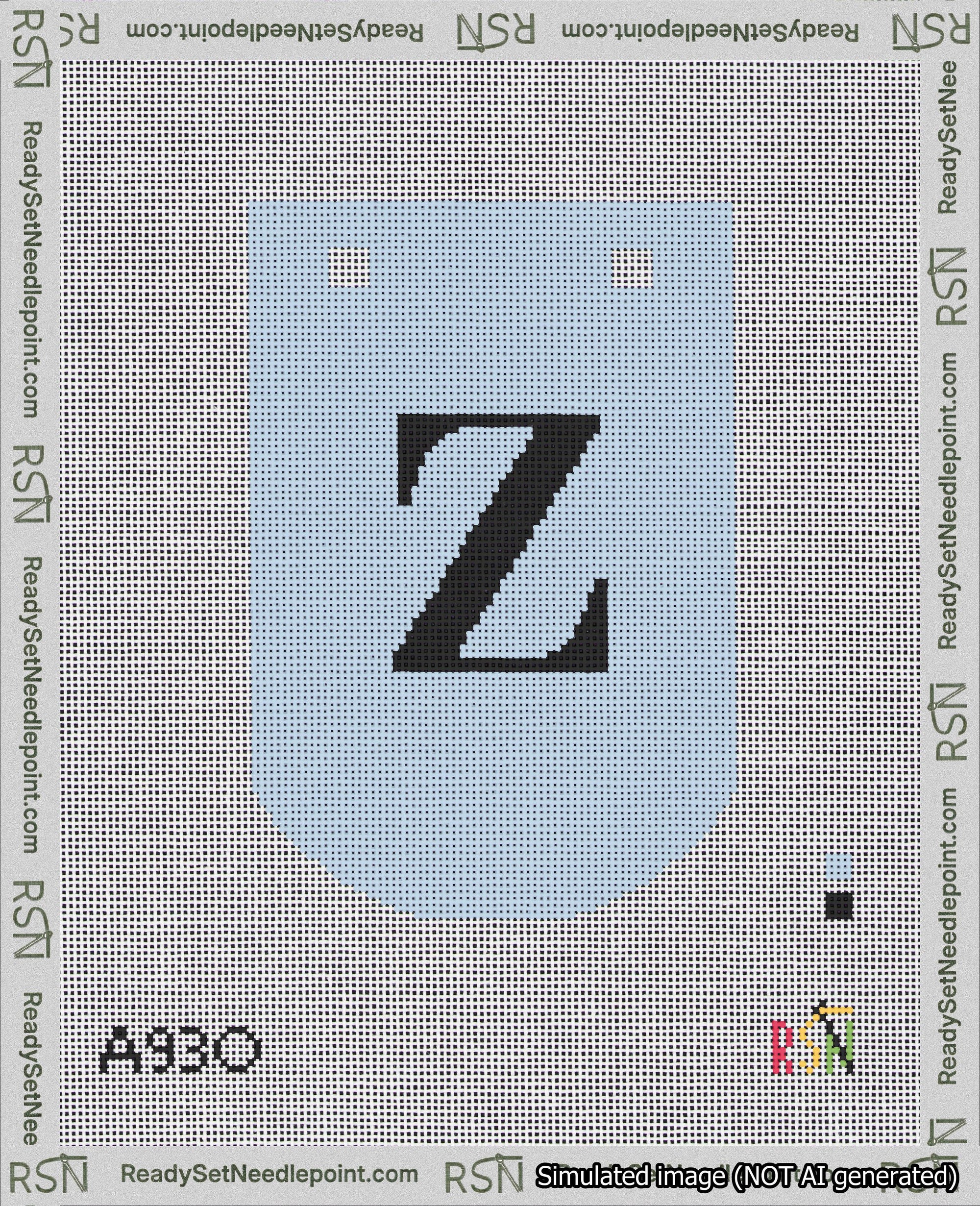 A taped needlepoint canvas with the design: Banner 18 mesh count Curved Z Black on Light Blue.