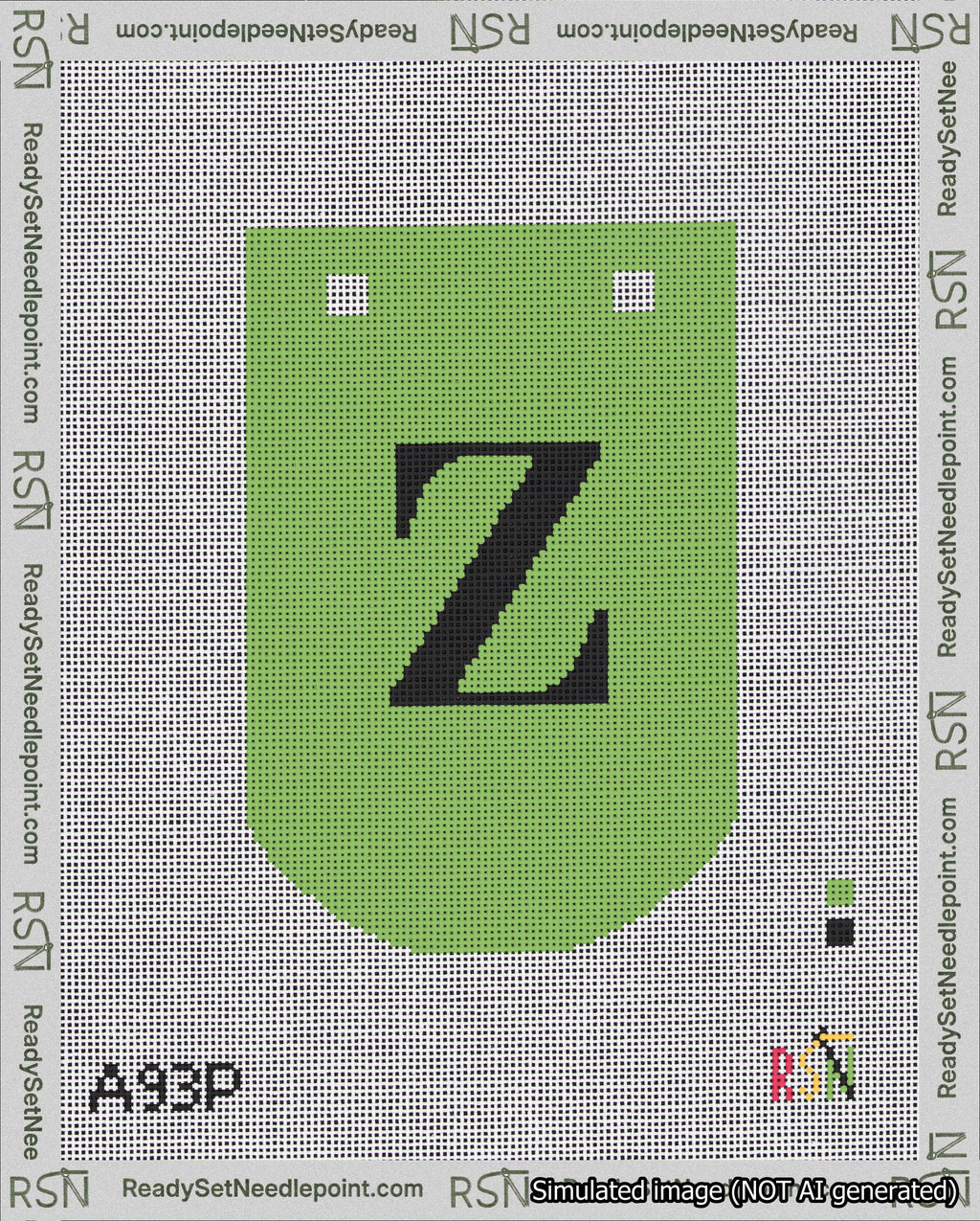 A taped needlepoint canvas with the design: Banner 18 mesh count Curved Z Black on Light Green.