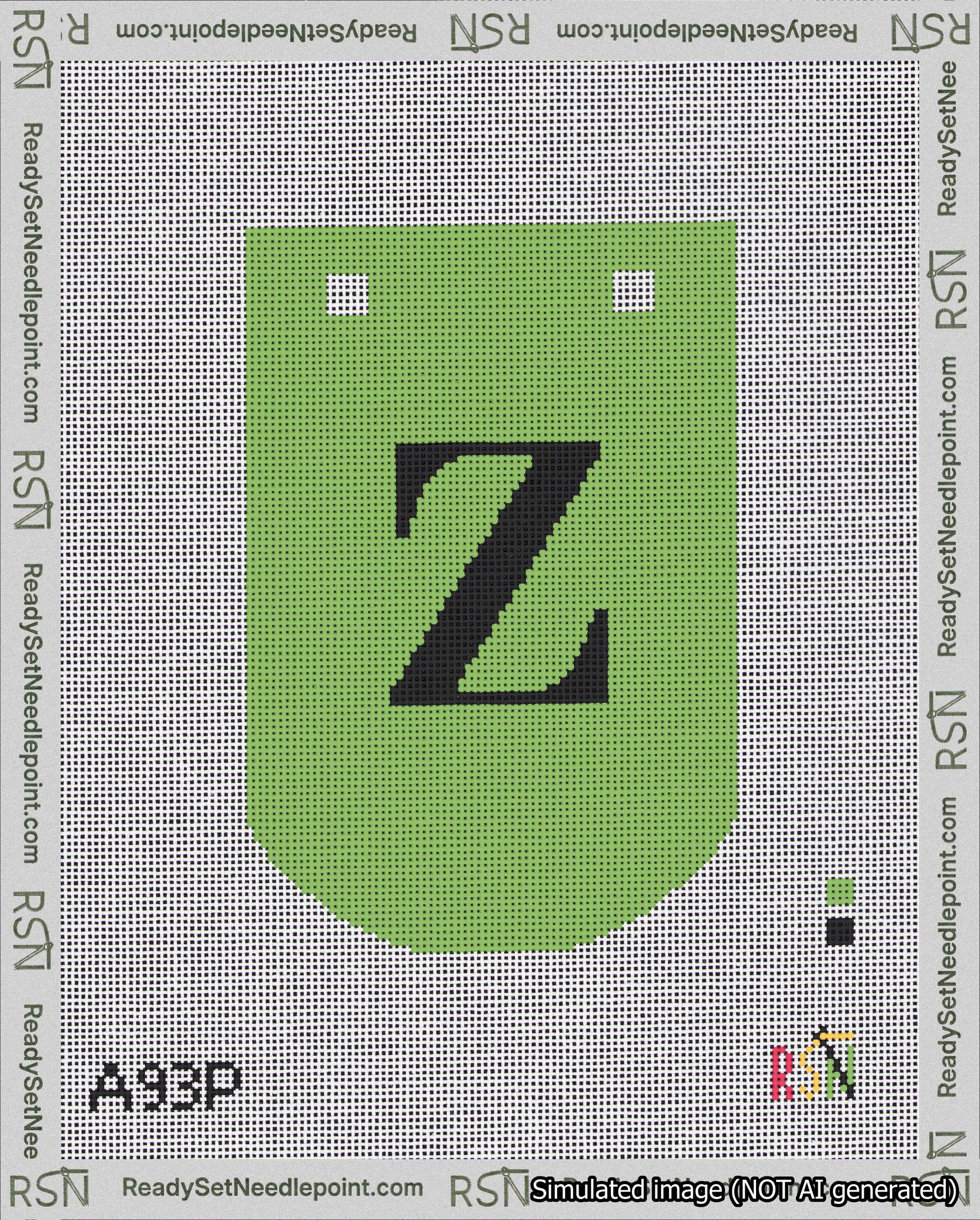 A taped needlepoint canvas with the design: Banner 18 mesh count Curved Z Black on Light Green.