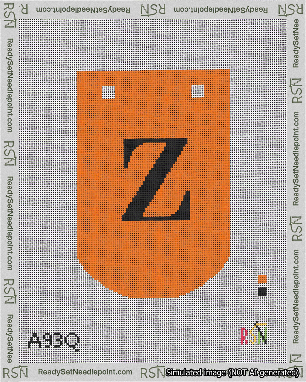 A taped needlepoint canvas with the design: Banner 18 mesh count Curved Z Black on Orange.