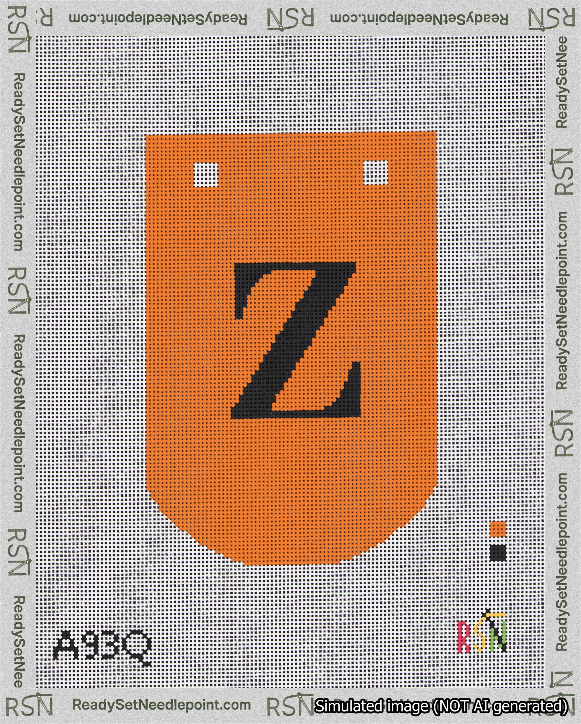 A taped needlepoint canvas with the design: Banner 18 mesh count Curved Z Black on Orange.