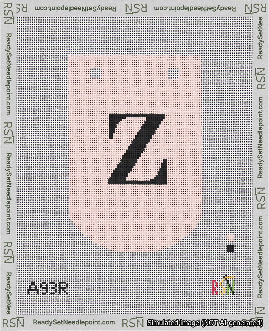 A taped needlepoint canvas with the design: Banner 18 mesh count Curved Z Black on Pink.