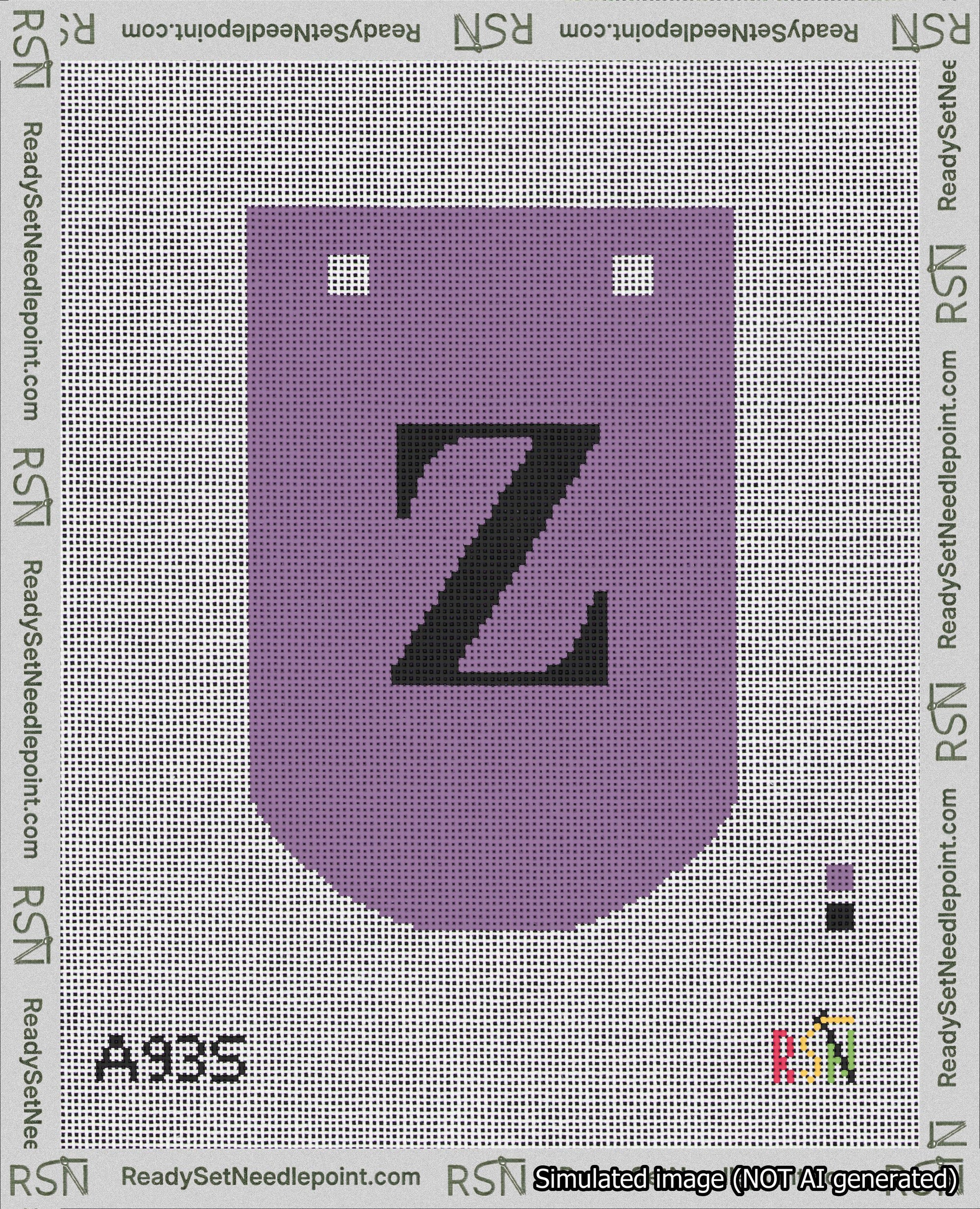 A taped needlepoint canvas with the design: Banner 18 mesh count Curved Z Black on Purple.