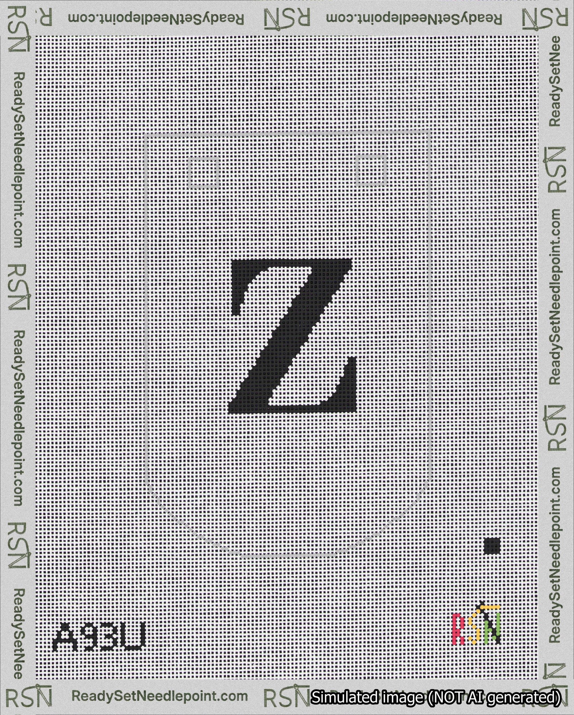 A taped needlepoint canvas with the design: Banner 18 mesh count Curved Z Black on White.
