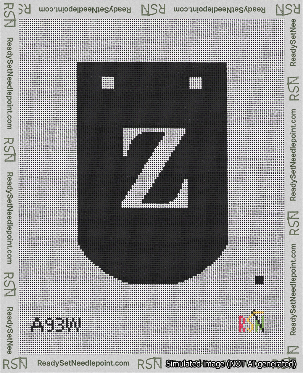 A taped needlepoint canvas with the design: Banner 18 mesh count Curved Z White on Black.