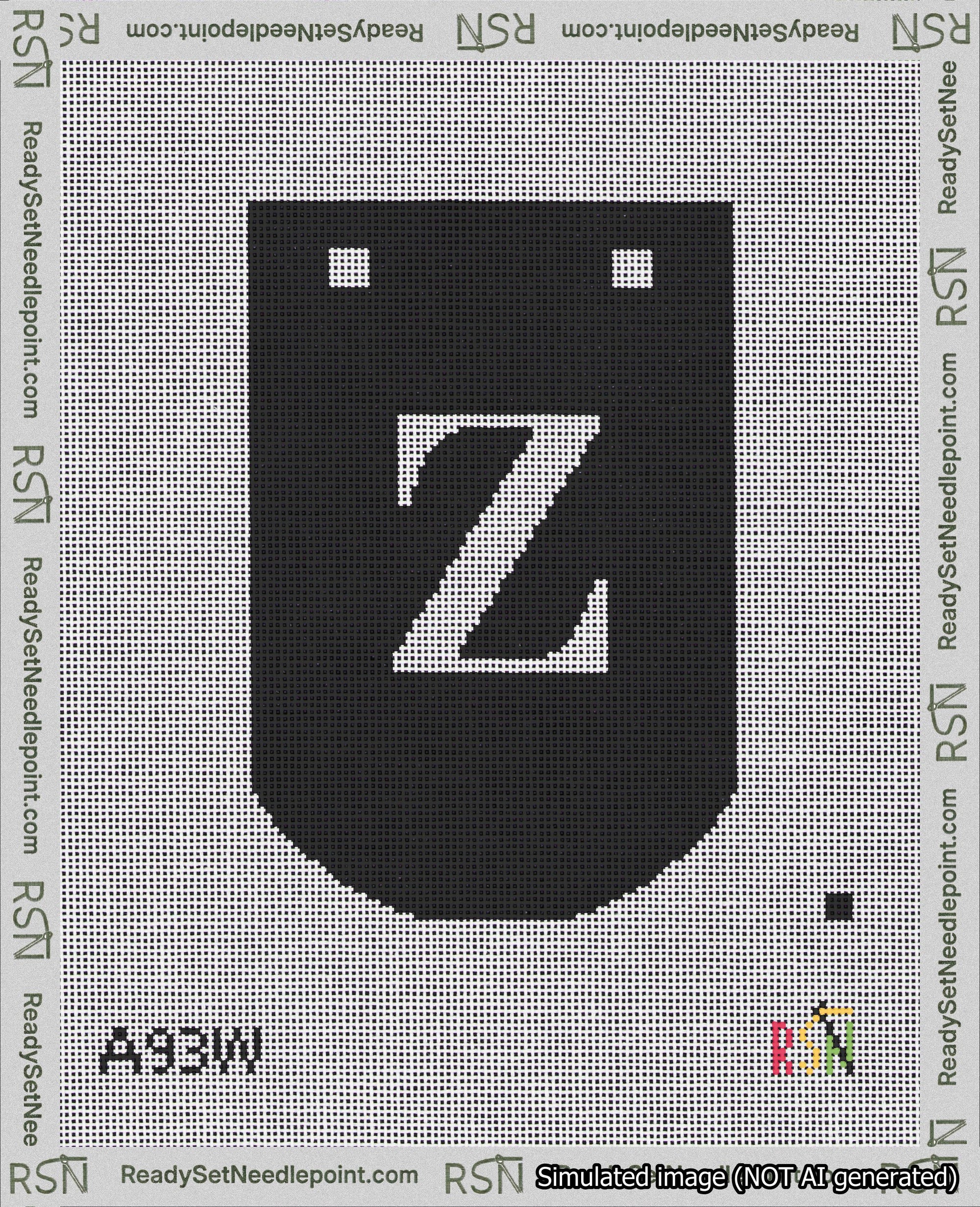 A taped needlepoint canvas with the design: Banner 18 mesh count Curved Z White on Black.