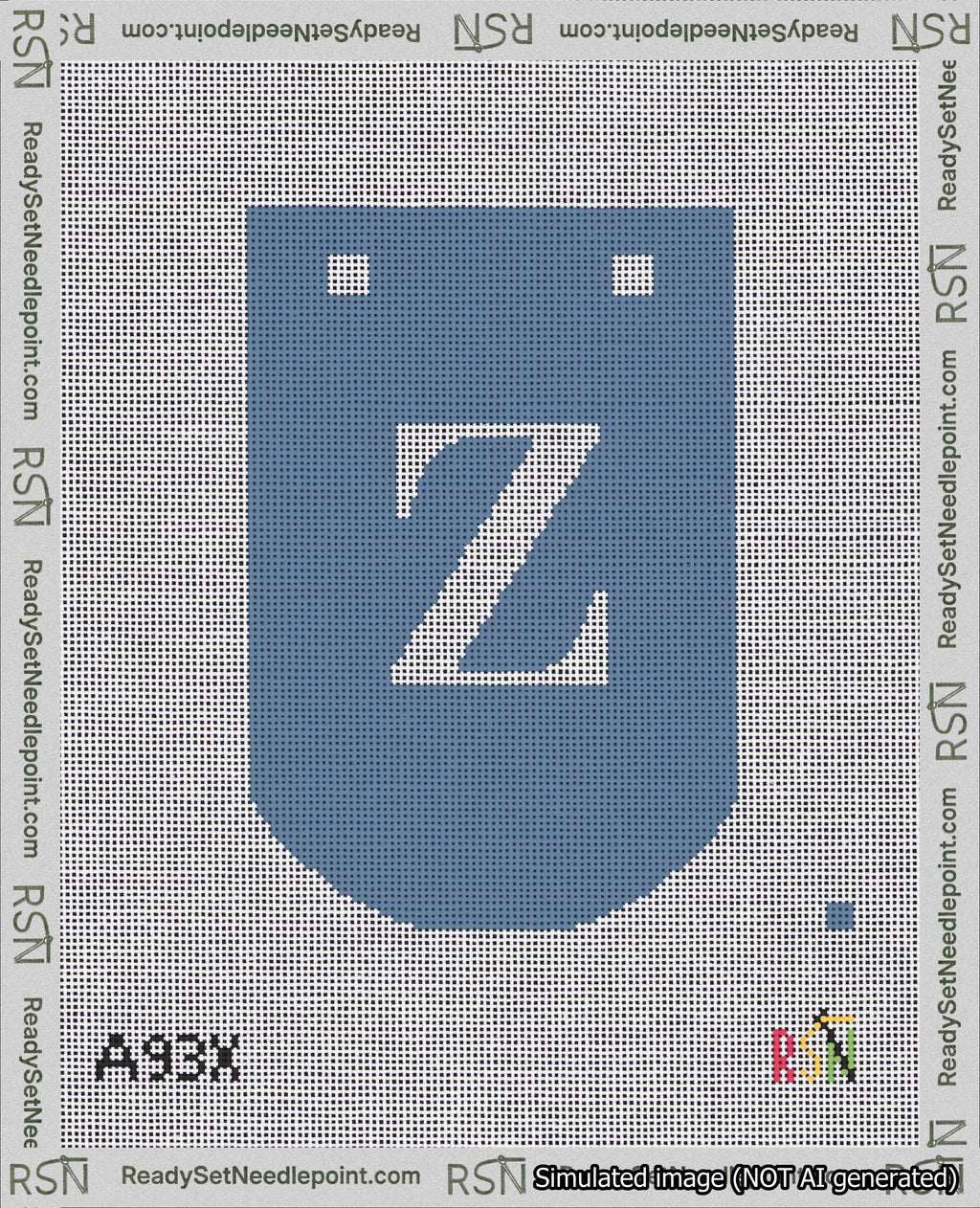 A taped needlepoint canvas with the design: Banner 18 mesh count Curved Z White on Blue.