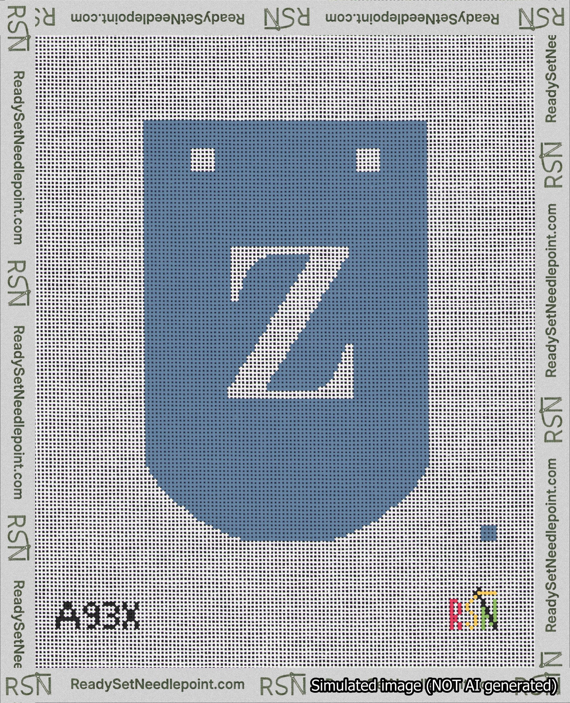 A taped needlepoint canvas with the design: Banner 18 mesh count Curved Z White on Blue.