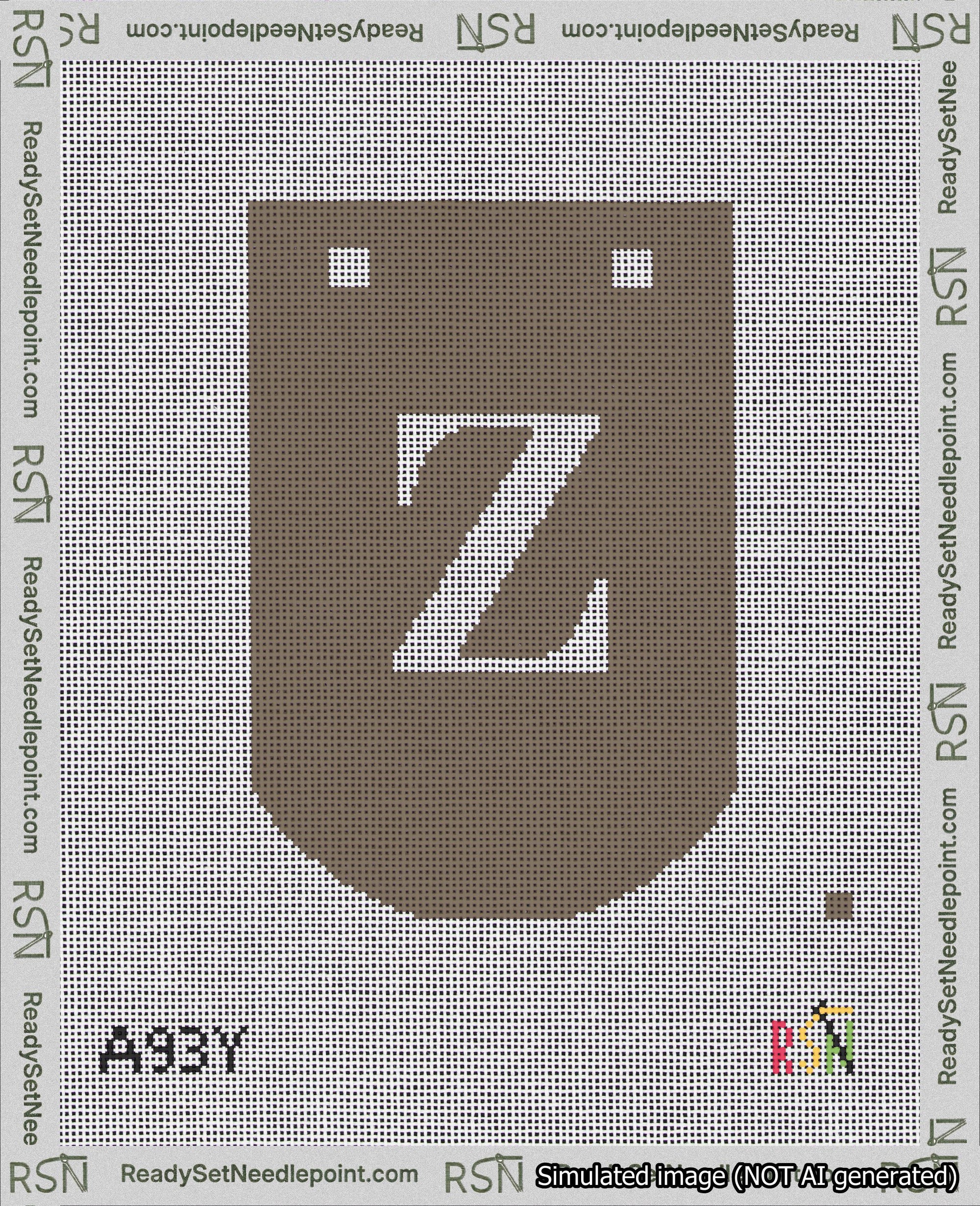 A taped needlepoint canvas with the design: Banner 18 mesh count Curved Z White on Brown.