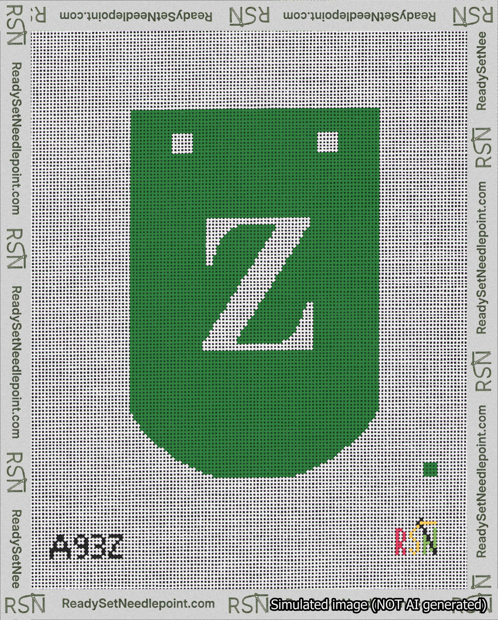 A taped needlepoint canvas with the design: Banner 18 mesh count Curved Z White on Green.