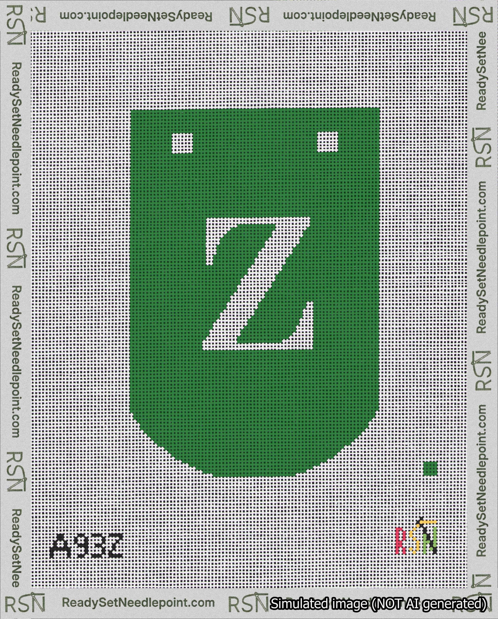 A taped needlepoint canvas with the design: Banner 18 mesh count Curved Z White on Green.