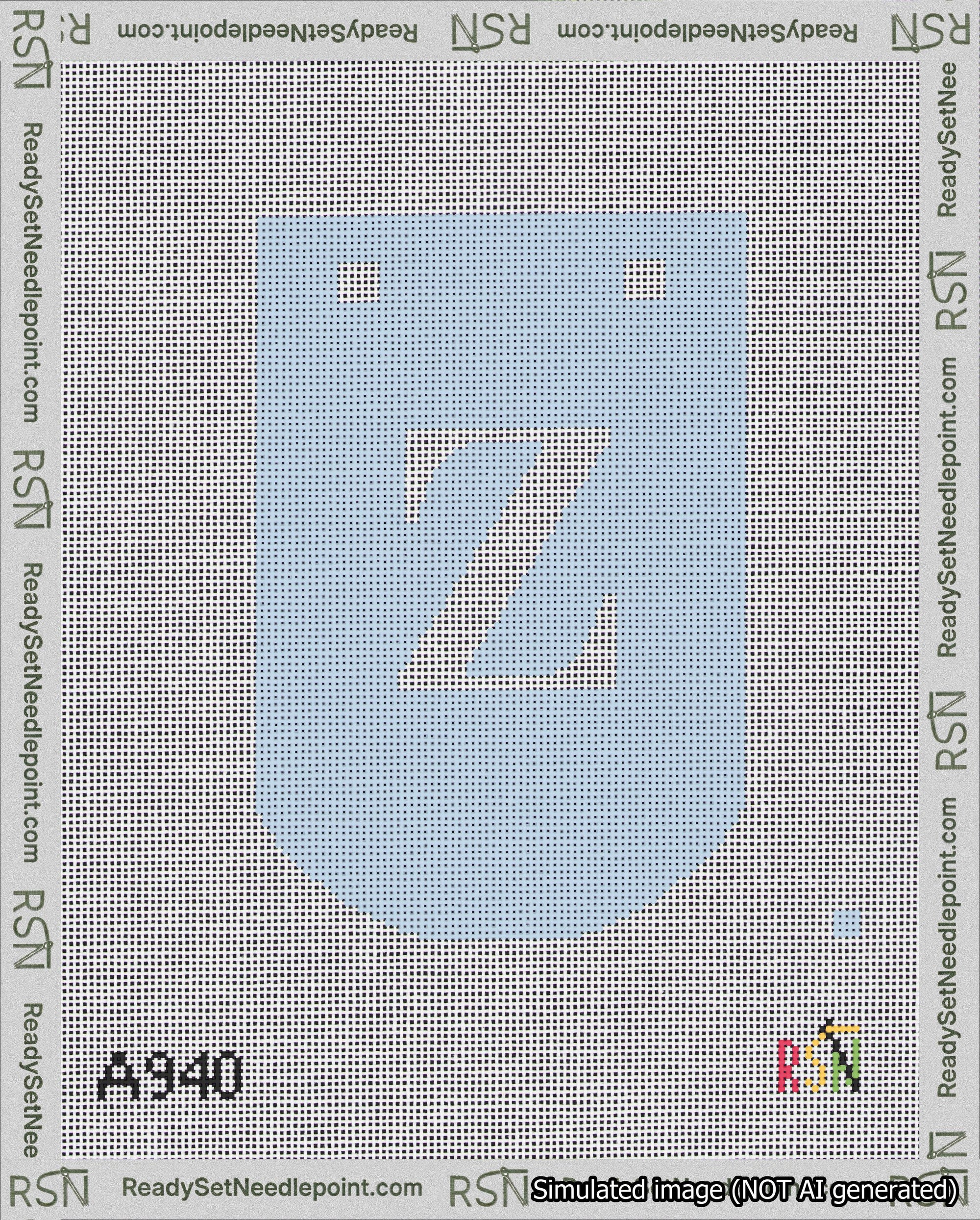 A taped needlepoint canvas with the design: Banner 18 mesh count Curved Z White on Light Blue.