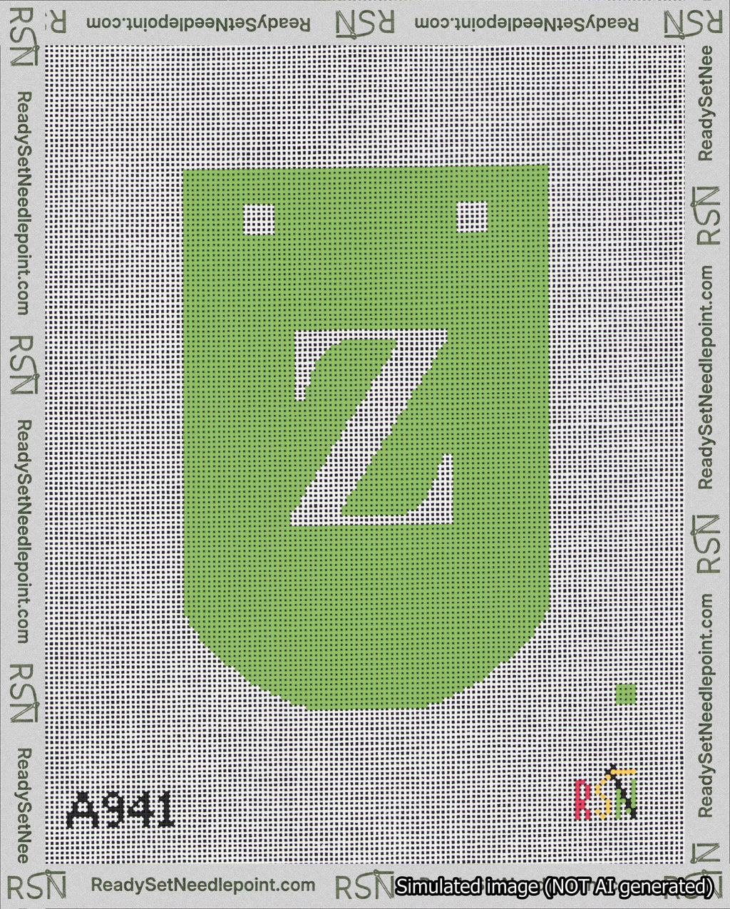 A taped needlepoint canvas with the design: Banner 18 mesh count Curved Z White on Light Green.