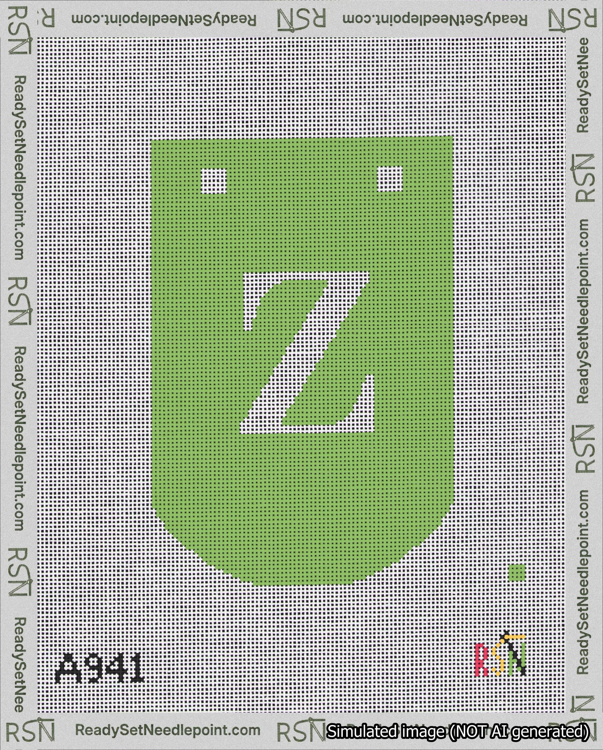 A taped needlepoint canvas with the design: Banner 18 mesh count Curved Z White on Light Green.