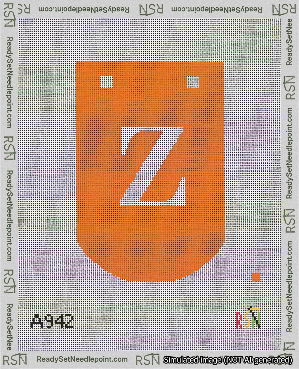 A taped needlepoint canvas with the design: Banner 18 mesh count Curved Z White on Orange.