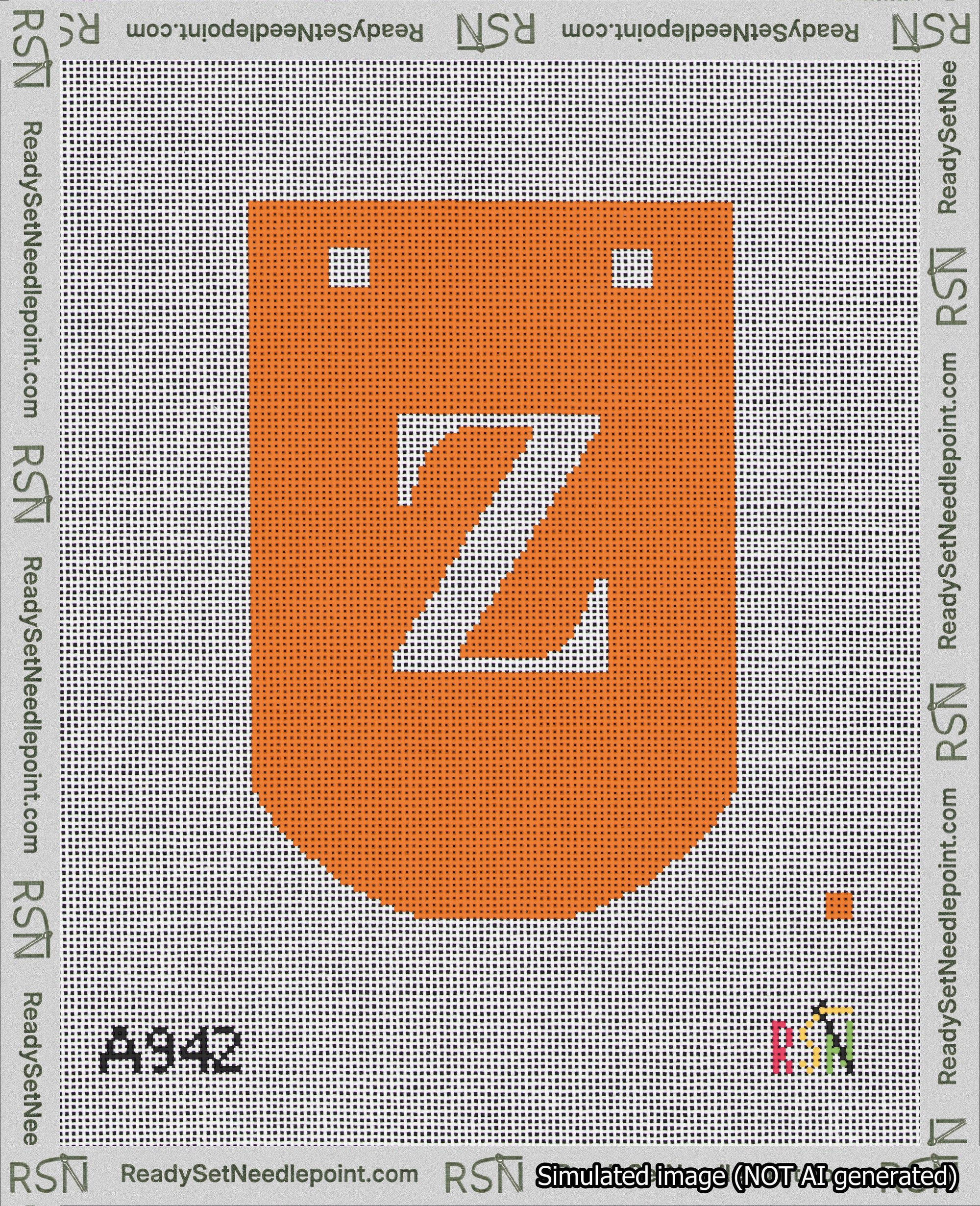 A taped needlepoint canvas with the design: Banner 18 mesh count Curved Z White on Orange.