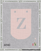 A taped needlepoint canvas with the design: Banner 18 mesh count Curved Z White on Pink.